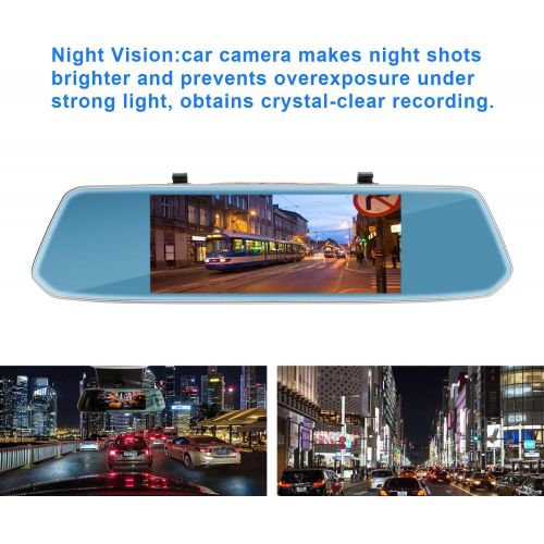  [아마존베스트]MYPIN 7 Mirror Dual Dash Cam Touch Screen Full HD 1080P Front Camera with Waterproof Rear View Camera, Parking Monitor,G-Sensor, Night Vision, Loop Recording