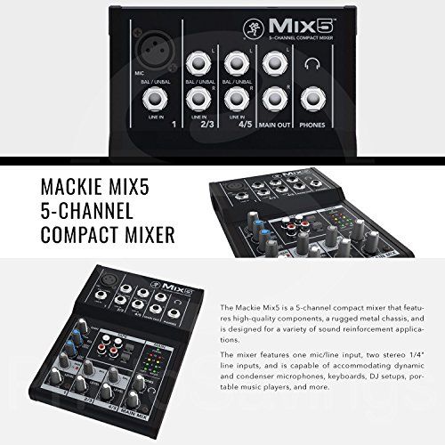  Photo Savings Mackie Mix Series Mix5 5-Channel Compact Mixer and Platinum Bundle wDynamic Microphone + Studio Desktop Mic Stand + Headphones + Cables + Fibertique Cloth
