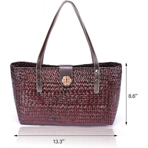  Brand: QTKJ QTKJ Hand-Woven Women Large Retro Straw Summer Beach Tote Bag Brown Leather Shoulder Strap Handbag Boho Rattan Travel Shoulder Bag (Brown)