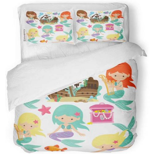  Brand: SanChic SanChic Duvet Cover Set Fish Cute Mermaid Cartoon Pirate Chest Girl Ship Decorative Bedding Set with 2 Pillow Cases Full/Queen Size