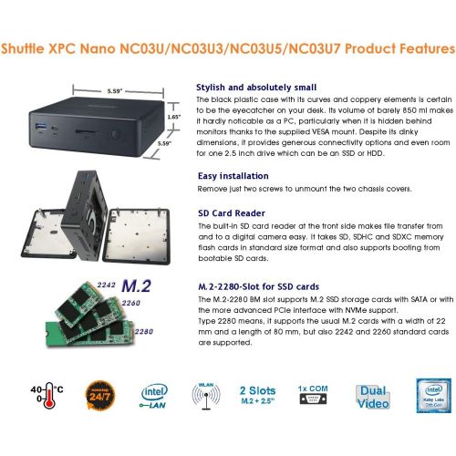  [아마존베스트]Shuttle XPC Nano NC03U Intel Kabylake-U Celeron 3865U Mini Barebone PC, Support 4K HD Video, Dual-channel DDR4 Max 32GB