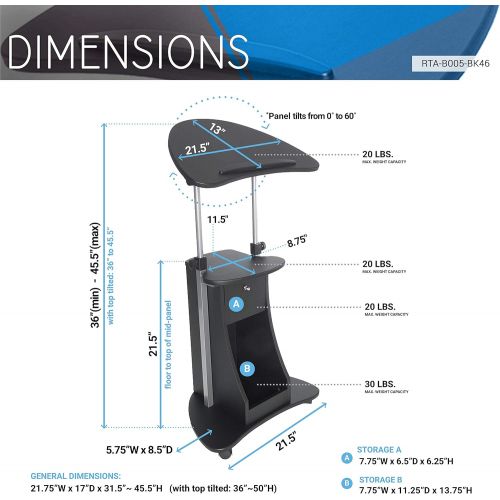  [아마존베스트]Techni Mobili RTA-B005-BK Sit-to-Stand Rolling Storage Adjustable Laptop Cart, Black