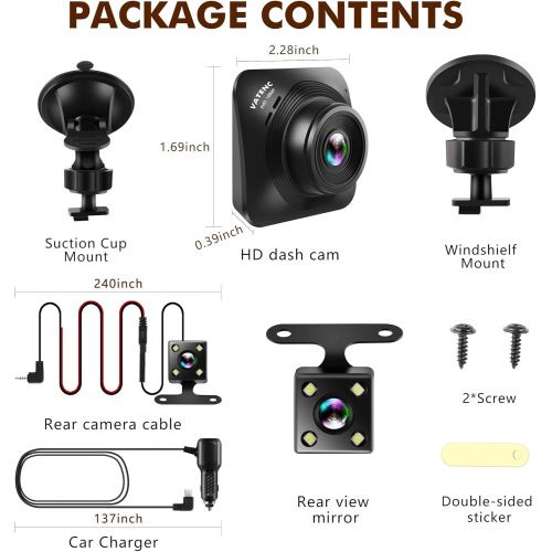  [아마존베스트]VATENIC Dash Cam Car Camera Recorder FHD 1080P Front and Rear Cameras,Driving Loop Recording,2.2 Inch LCD Screen 170°Wide Angle, WDR,Night Vision, G-Sensor, Motion Detection, Parking Monit