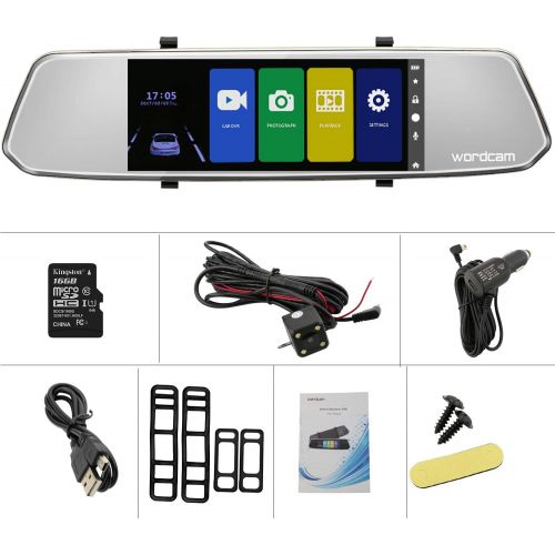  [아마존베스트]Wordcam 7-Inch Touch Screen Backup Camera Mirror Dash Cam 1080P Front and Rear Dual Lens with Waterproof Rearview Reversing Camera(Free 16GB SD Card)