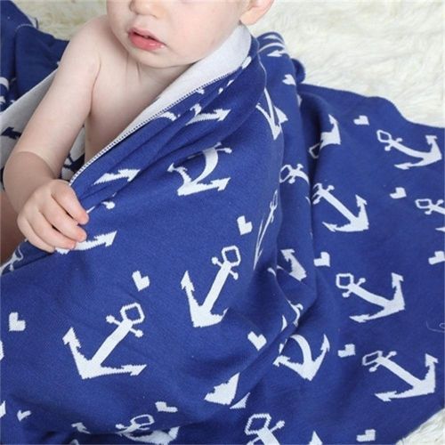  Brandream Baby Knitted Cotton Blanket Nautical Anchor Print Reversible Blanket Double Layer Breathable Blue & White Crib Toddler Blanket for Boys, 30x40