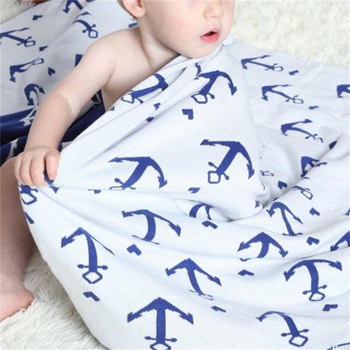  Brandream Baby Knitted Cotton Blanket Nautical Anchor Print Reversible Blanket Double Layer Breathable Blue & White Crib Toddler Blanket for Boys, 30x40
