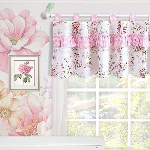  Brandream Window Valance Cotton Curtain for Baby/Toddler/Kid Bedroom Bath Laundry Living Room, Ruffled Floral Printed, Pink