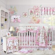 Brandream Baby Girls Crib Bedding Sets with Crib Rail Cover Ruffled Crib Skirt 100% Cotton Crib Fitted Sheet Floral Nursery Baby Girls Bedding Set Pink, 9pieces