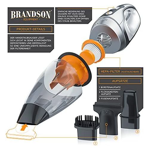  Brandson - Akku Handstaubsauger - Auto Staubsauger - Staubsauger kabellos - Hohe Saugleistung - Nass & Trocken Staub und Fluessigkeiten - Leistungsstarker 14,4V Akku - HEPA-Ersatzfi