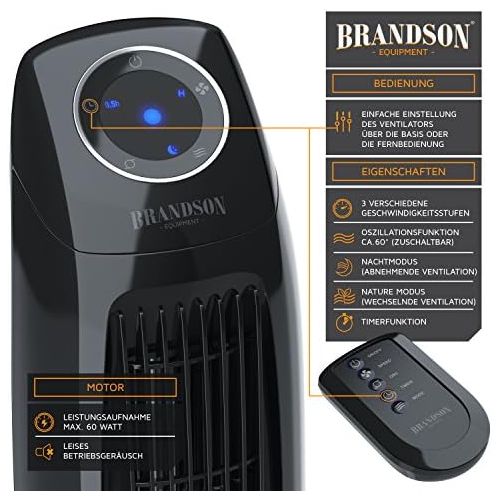  Brandson - Turmventilator mit Fernbedinung - Saulenventilator inkl. Oszillation - 86 cm - 60W - 3 Geschwindigkeitsstufen LOW MEDIUM HIGH Timer - LED-Display - leises Betriebsgeraus