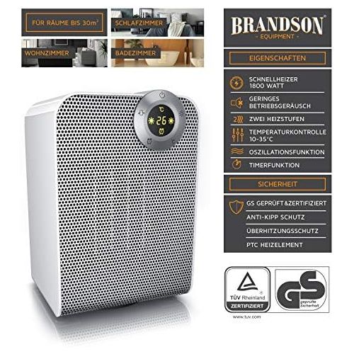  Brandson - Heizluefter - Keramik-Heizluefter Badezimmer energiesparend leise - Schnellheizer mit Oszillationsfunktion - 2x Heizstufen - Timer - Heizung Heater - GS-zertifiziert