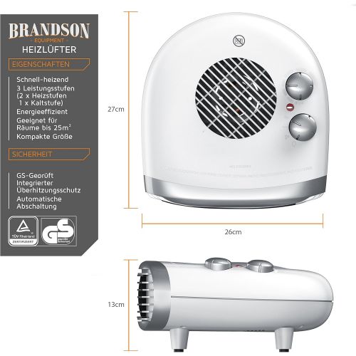  Brandson - Heizluefter - Fan Heater - 3 Leistungsstufen - einstellbares Thermostat - Betriebsanzeige - 2000W - gerauscharm und energieeffizient - UEberhitzungsschutz - automatische A