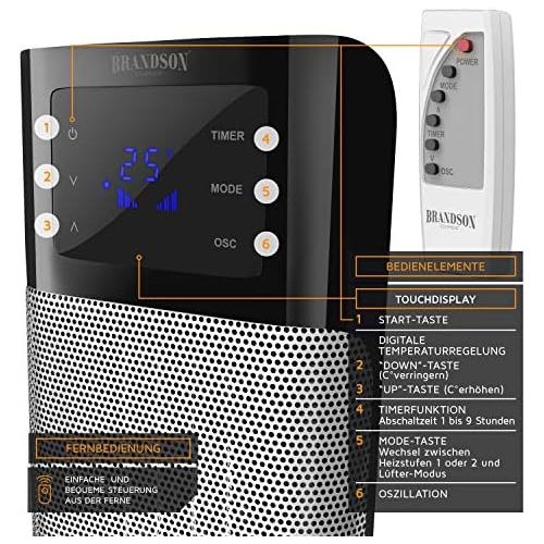  Brandson - digitaler Heizluefter mit Fernbedienung 2000 Watt - zuschaltbare Oszillation - Ventilationsfunktion - zwei Leistungsstufen - UEberhitzungsschutz - Heizung Heater - GS Zert