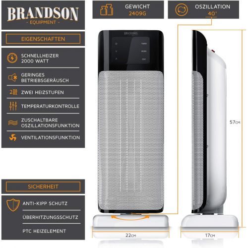  Brandson - digitaler Heizluefter mit Fernbedienung 2000 Watt - zuschaltbare Oszillation - Ventilationsfunktion - zwei Leistungsstufen - UEberhitzungsschutz - Heizung Heater - GS Zert