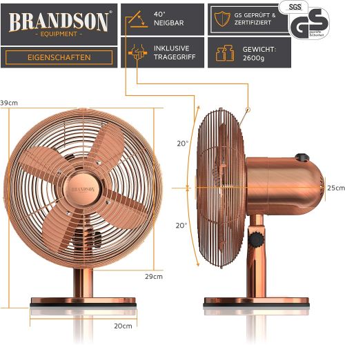  Brandson - Tischventilator im Kupfer Design - 3 Geschwindigkeitsstufen - Zuschaltbare 80 Grad Oszillation - Neigungswinkel ca. 40 Grad - robustes Vollmetall Gehause