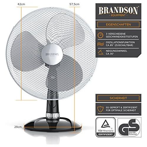  Brandson - Tischventilator 40cm - Tisch Ventilator mit 3-Leistungsstufen - Schreibtischventilator oszillierend - klein und leise - 50W - Neigungswinkel ca. 30Grad - Oszillation ca.