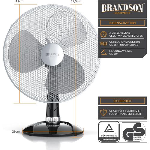  Brandson - Tischventilator 40cm - Tisch Ventilator mit 3-Leistungsstufen - Schreibtischventilator oszillierend - klein und leise - 50W - Neigungswinkel ca. 30Grad - Oszillation ca.
