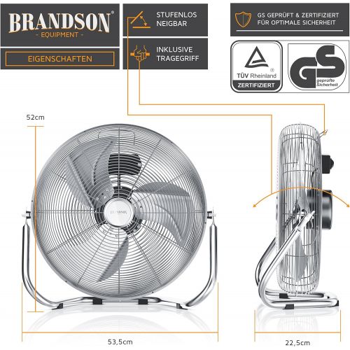  Brandson - Windmaschine Retro Stil 120 Watt - Ventilator in Chrom - Standventilator 50cm - Bodenventilator - hoher Luftdurchsatz - stufenlos neigbarer Ventilatorkopf - silber