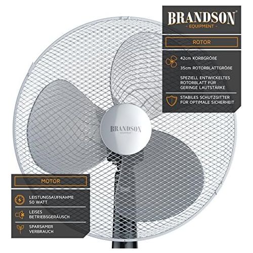  Brandson - Standventilator 40cm - Ventilator Standfuss hoehenverstellbar - hoher Luftdurchsatz - 3 verschiedene Geschwindigkeitsstufen - Oszillationsfunktion ca. 80° - silber schwarz