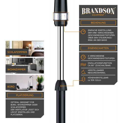  Brandson - Standventilator 40cm - Ventilator Standfuss hoehenverstellbar - hoher Luftdurchsatz - 3 verschiedene Geschwindigkeitsstufen - Oszillationsfunktion ca. 80° - silber schwarz