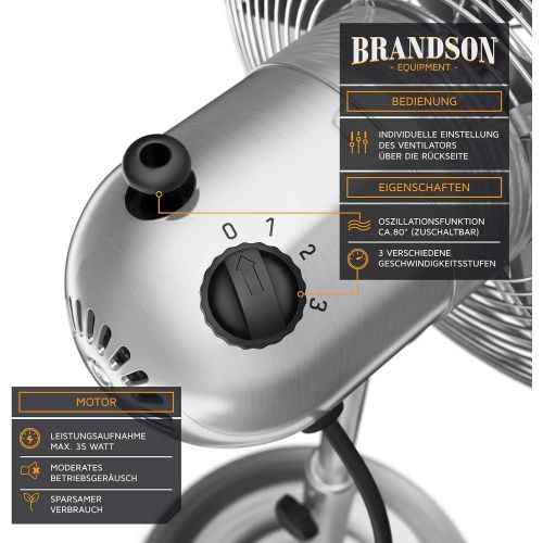  Brandson - Standventilator mit Oszillation 80° im Chrom-Design - hoehenverstellbarer Standfuss - 3 Geschwindigkeiten - 30° neigbar - Ventilator Standluefter - GS-zertifiziert -Modell