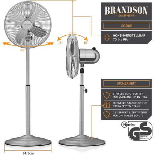  Brandson - Standventilator mit Oszillation 80° im Chrom-Design - hoehenverstellbarer Standfuss - 3 Geschwindigkeiten - 30° neigbar - Ventilator Standluefter - GS-zertifiziert -Modell