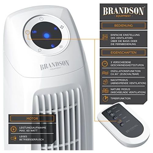  Brandson - Turmventilator mit Fernbedinung - Saulenventilator inkl. Oszillation - 86 cm - Ventilator mit 3 Geschwindigkeitsstufen Timer - LED-Display - leises Betriebsgerausch - Mo