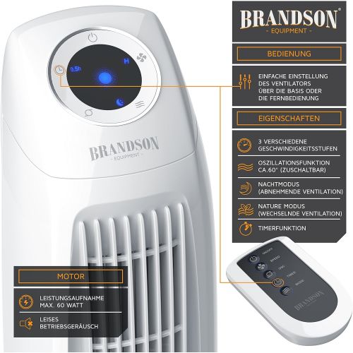  Brandson - Turmventilator mit Fernbedinung - Saulenventilator inkl. Oszillation - 86 cm - Ventilator mit 3 Geschwindigkeitsstufen Timer - LED-Display - leises Betriebsgerausch - Mo