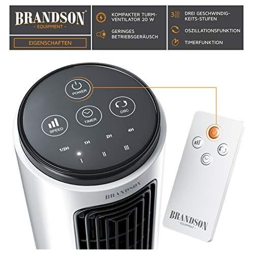  Brandson - Tischventilator mit Fernbedienung - kompakter Turmventilator mit Oszilation 20 W - 60° oszillierend - 3 Geschwindigkeiten - Timerfunktion - leise - GS-zertifiziert - neu