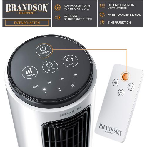  Brandson - Tischventilator mit Fernbedienung - kompakter Turmventilator mit Oszilation 20 W - 60° oszillierend - 3 Geschwindigkeiten - Timerfunktion - leise - GS-zertifiziert - neu