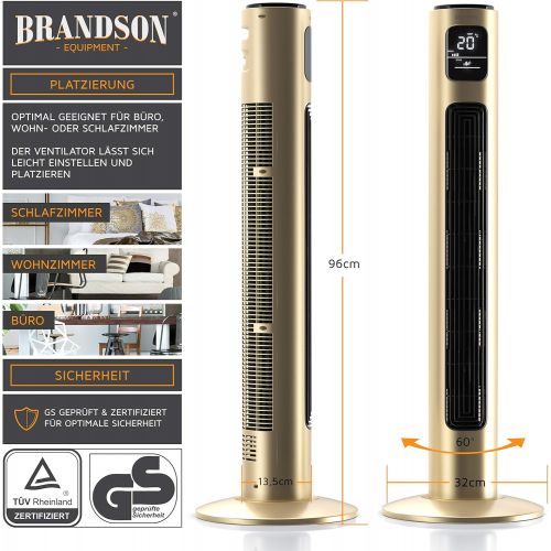  BRANDSON - Turmventilator mit Fernbedienung und Oszilation 60° - Standventilator - Saulenventilator - 96 cm - Ventilator mit 3 Geschwindigkeitsstufen - Modell 2020 GS zertifiziert