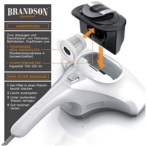  Brandson - Milbenstaubsauger 300W - Milben-Handstaubsauger mit UV Sterilisationslicht - -Schmutzbehalter 150 ml - desinfiziert Betten Bekleidung Polstermoebel - Milbensauger ideal f