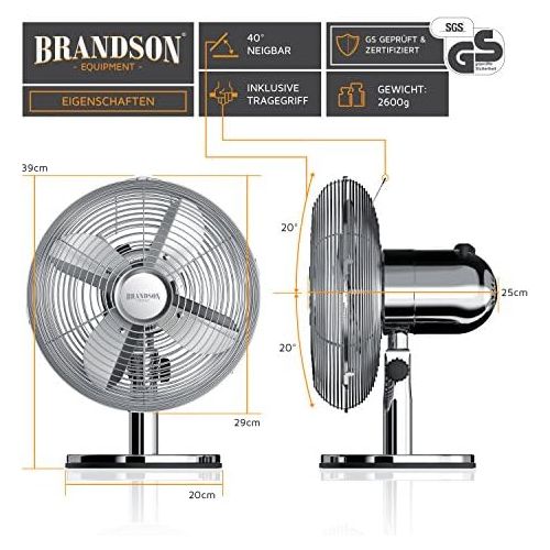  [아마존베스트]Brandson Retro Table Fan, Fan with 3 Speed Levels, Adjustable 80° Oscillation, Tilt Angle Approx. 40°, Robust Full Metal Casing, Model 2020 Silverline