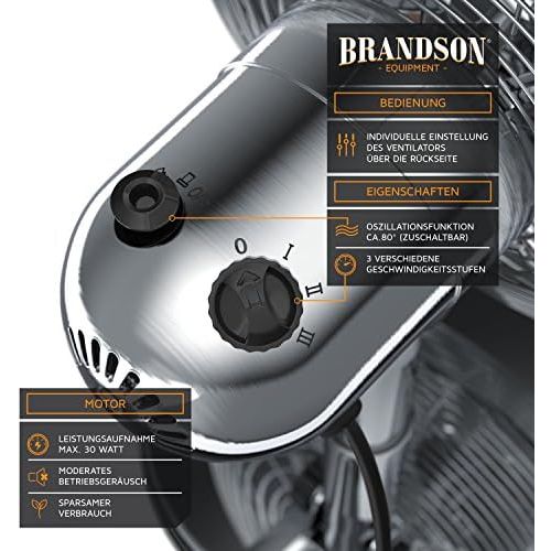  [아마존베스트]Brandson Retro Table Fan, Fan with 3 Speed Levels, Adjustable 80° Oscillation, Tilt Angle Approx. 40°, Robust Full Metal Casing, Model 2020 Silverline