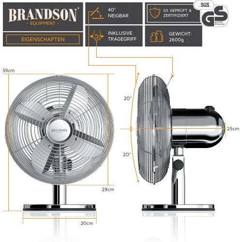  [아마존베스트]Brandson Retro Table Fan, Fan with 3 Speed Levels, Adjustable 80° Oscillation, Tilt Angle Approx. 40°, Robust Full Metal Casing, Model 2020 Silverline