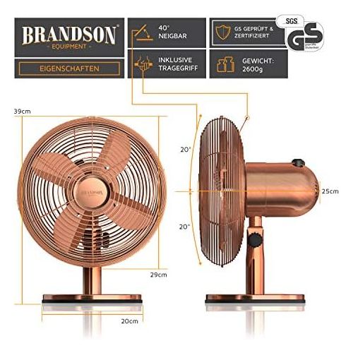  [아마존베스트]Brandson - Table Fan in Copper Design 3 Speed Settings Can be Switched 80° Oscillation Angle Approximately 40° robust full metal housing.