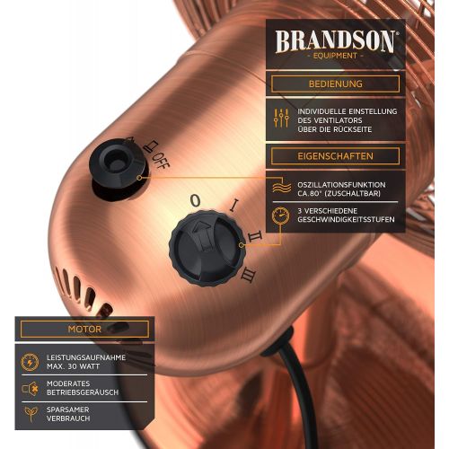  [아마존베스트]Brandson - Table Fan in Copper Design 3 Speed Settings Can be Switched 80° Oscillation Angle Approximately 40° robust full metal housing.