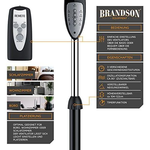  [아마존베스트]Brandson Floor Standing Fan with Remote Control, Standing Fan, Height Adjustable Stand, Adjustable Inclination Angle, 50 W, 3 x Different Speed Levels, 80° Oscillating Function