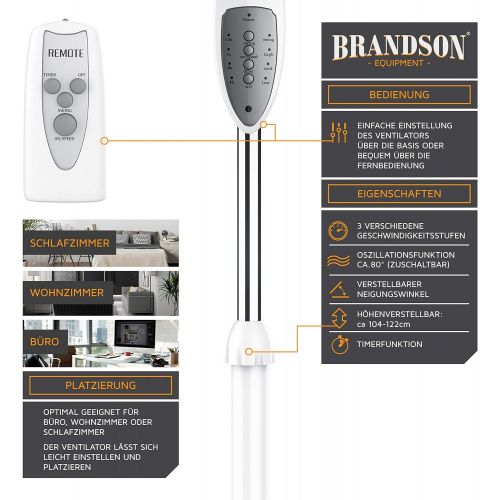  [아마존베스트]Brandson Floor Standing Fan with Remote Control, Standing Fan, Height Adjustable Stand, Adjustable Inclination Angle, 50 W, 3 x Different Speed Levels, 80° Oscillating Function