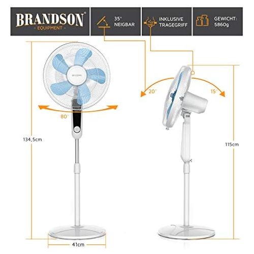  [아마존베스트]Brandson Floor Fan with Remote Control and Display Oscillation, 80 Degrees, 60 Watt, Fan Height Adjustable, 115 - 134 cm, Head can be tilted, 35 Degrees, 3 Speeds, GS Certified, wh