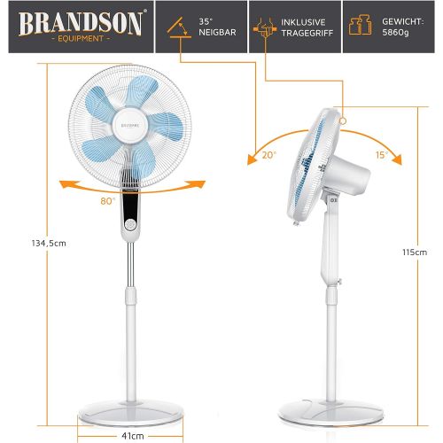  [아마존베스트]Brandson Floor Fan with Remote Control and Display Oscillation, 80 Degrees, 60 Watt, Fan Height Adjustable, 115 - 134 cm, Head can be tilted, 35 Degrees, 3 Speeds, GS Certified, wh