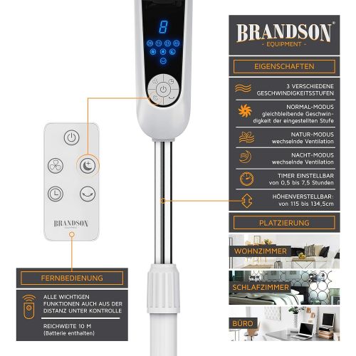  [아마존베스트]Brandson Floor Fan with Remote Control and Display Oscillation, 80 Degrees, 60 Watt, Fan Height Adjustable, 115 - 134 cm, Head can be tilted, 35 Degrees, 3 Speeds, GS Certified, wh