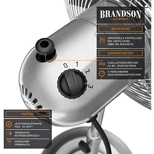  [아마존베스트]Brandson - Floor fan with oscillation 80° in chrome design - height-adjustable base - 3 speeds - 30° tilt - fan stand fan - GS certified - model 2020 Silverline