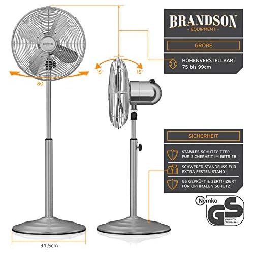  [아마존베스트]Brandson - Floor fan with oscillation 80° in chrome design - height-adjustable base - 3 speeds - 30° tilt - fan stand fan - GS certified - model 2020 Silverline