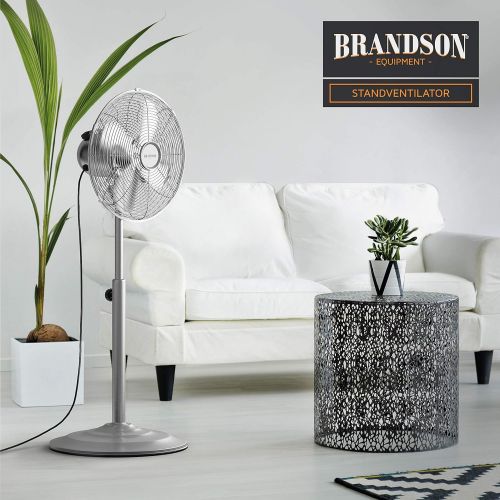  [아마존베스트]Brandson - Floor fan with oscillation 80° in chrome design - height-adjustable base - 3 speeds - 30° tilt - fan stand fan - GS certified - model 2020 Silverline