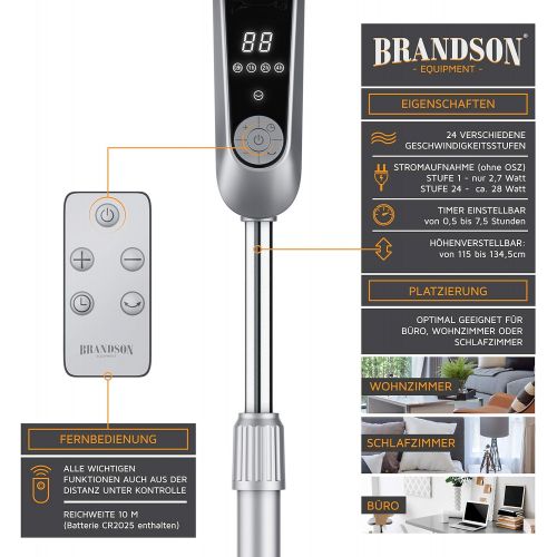  [아마존베스트]Brandson, Silent DC Standing Fan with Remote Control and LED Display, 24 Speeds, 80-degree Oscillation, Very Quiet Fan, Height Adjustable, Tiltable Head by 35 Degrees, White