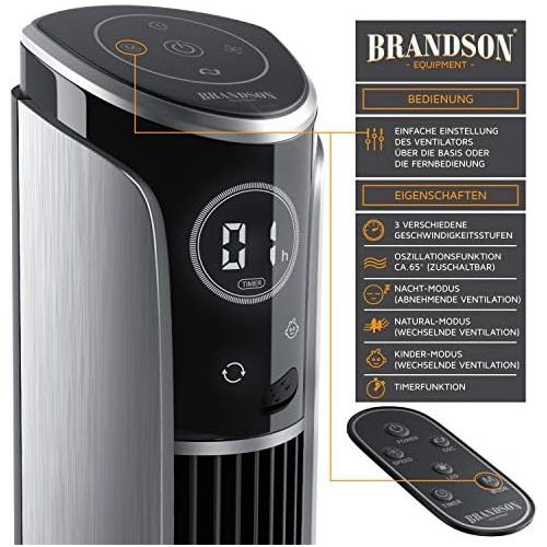  [아마존베스트]Brandson Tower Fan with Remote Control 108 cm 10 Degree Tiltable Fan with Oscillation - 3 Speeds - 4 Ventilation Modes - GS - Steel Silver