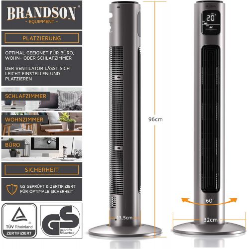  [아마존베스트]Brandson Tower Fan with Remote Control and Oscillation 60° - Floor Fan - Column Fan - 96 cm - Fan with 3 Speed Levels - Model 2020 GS Certified - Smoke Grey