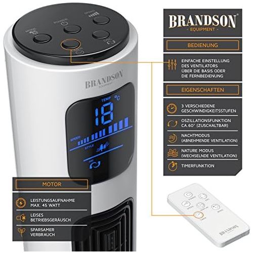  [아마존베스트]Brandson Tower Fan with Remote Control and Oscillation, Oscillating Tower Fan, 96 cm, 45 W, Fan with 3 Speed Settings + Timer + 3 Operating Modes + 60° Oscillation, Polar White