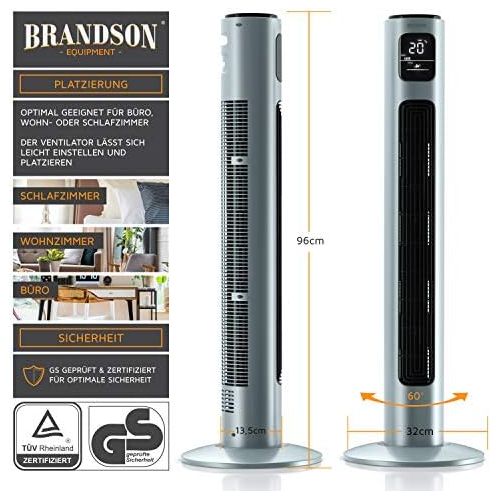  [아마존베스트]Brandson 2020 Model - Tower Fan with Remote Control and 60° Oscillation - Pedestal Fan - Column Fan - 96 cm - 3 Speed Levels - GS Certified Ice Grey